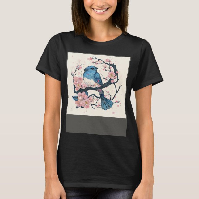 Camiseta Eastern Blue Bird and Sakura Blossom Branch (Anverso)