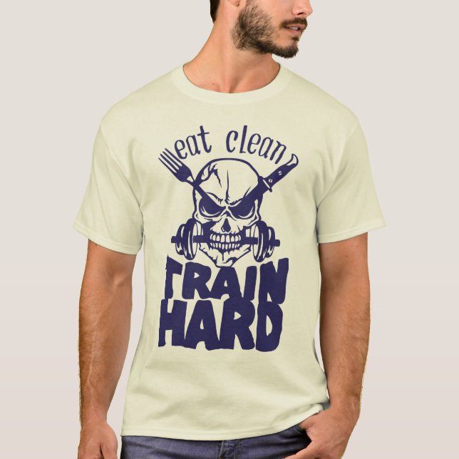 Camiseta eat_clean_train_hard_citation_musculation_haltere_ (Anverso)