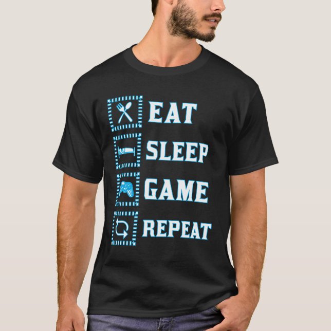 Camiseta Eat Sleep Game Repeat Funny gamer azul blanco (Anverso)