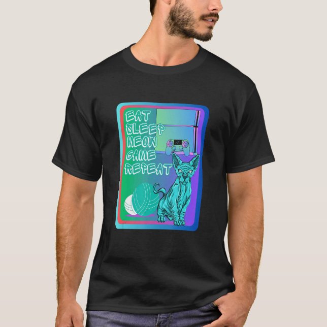 Camiseta Eat sleep meow game repeat blue sphynx cat and con (Anverso)
