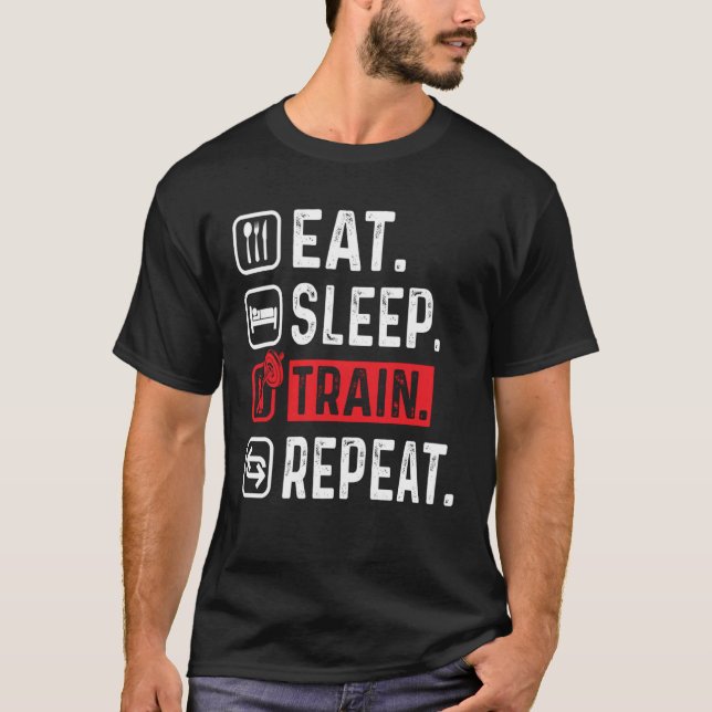 CAMISETA EAT SLEEP TRAIN REPEAT GYM WORKOUT FITNESS MOTIVAT (Anverso)