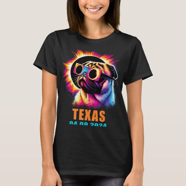 Camiseta Eclipse Solar Total 2024 Perro Pug Con Gles (Anverso)