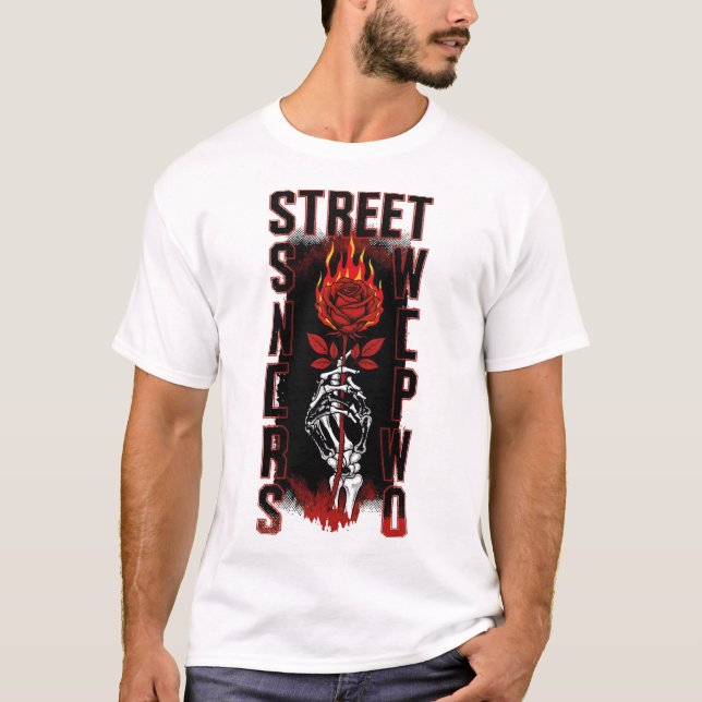Camiseta Edgy Skeleton Hand Holding Burning Rose Streetwear (Anverso)