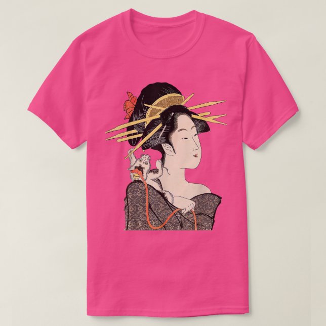 Camiseta Edo Periodo Japón, retrato de Geisha con gato (Diseño del anverso)