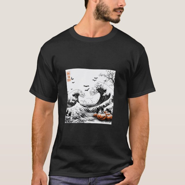 Camiseta Eerie Art Hokusai's Wave con gatos de Halloween T  (Anverso)