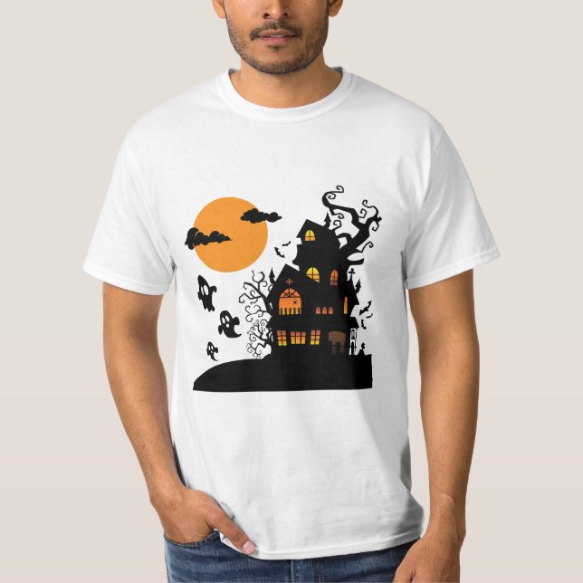 Camiseta Eerie Naranja Spooky Haunty House Silhouette Art (Anverso)