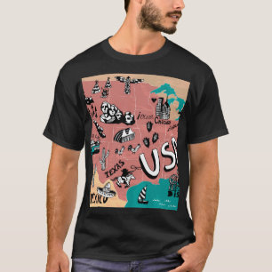 Camiseta EEUU Ilustrado: Colorido Viaje Mapa.
