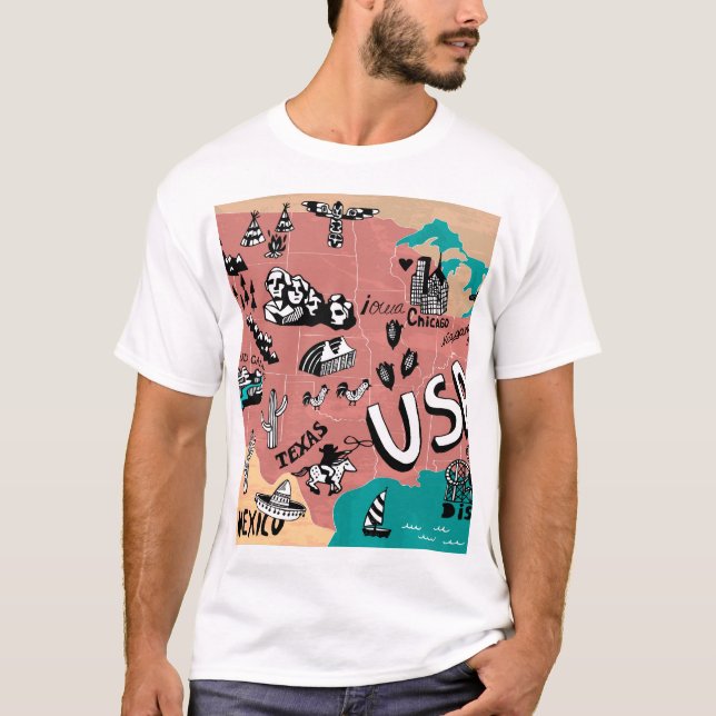 Camiseta EEUU Ilustrado: Colorido Viaje Mapa. (Anverso)