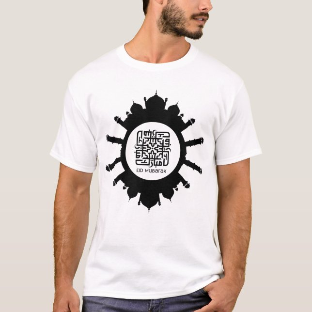 Camiseta Eid Mubarak caligrafía y mezquita texto negro (Anverso)
