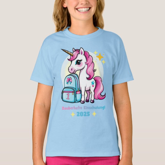 Camiseta Einhorn mit Schultasche - Zauberhafte Einschulung (Anverso)