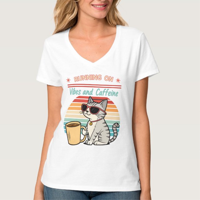 Camiseta Ejecutando en vibraciones y cafeína - Retro de gat (Anverso)