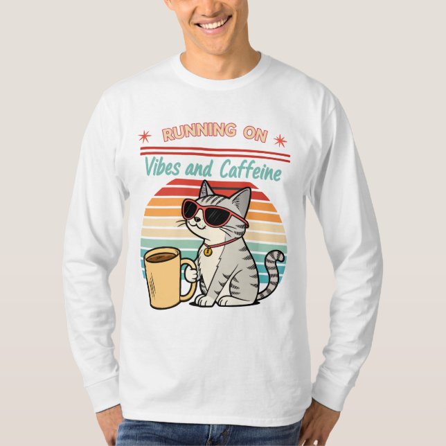 Camiseta Ejecutando en vibraciones y cafeína - Retro de gat (Anverso)