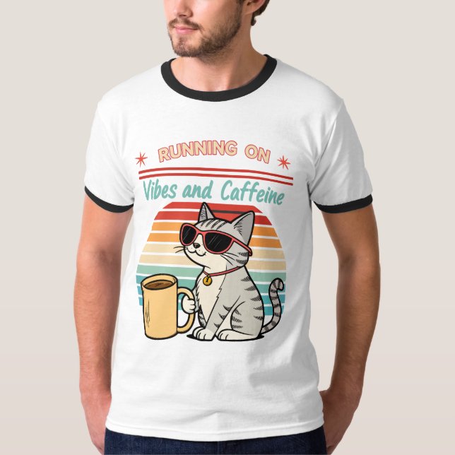 Camiseta Ejecutando en vibraciones y cafeína - Retro de gat (Anverso)