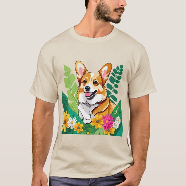 Camiseta El adorable Corgi se ríe entre las flores (Anverso)