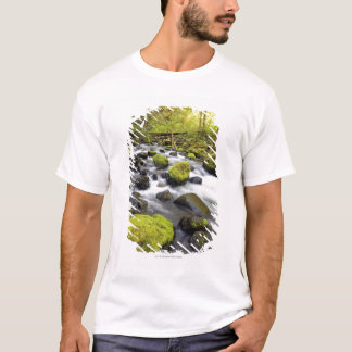 Camiseta El agua que fluía por el musgo cubrió rocas en una