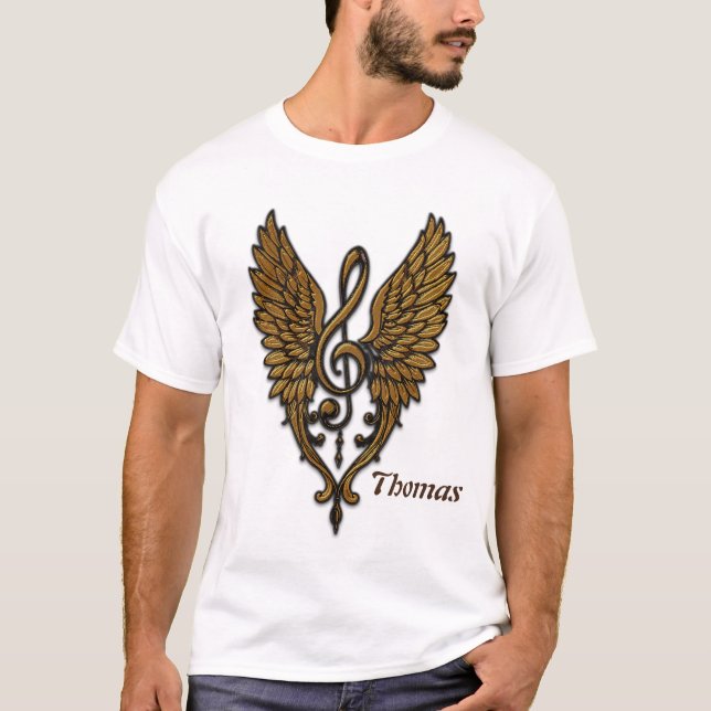 Camiseta El alma de la melodía, un armazón dorado con alas. (Anverso)