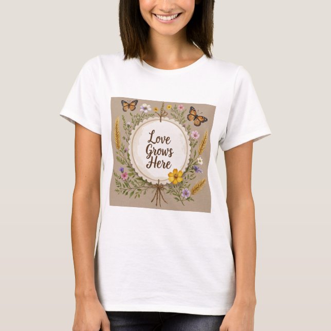 Camiseta El amor crece como boho, flores silvestres, trigo, (Anverso)