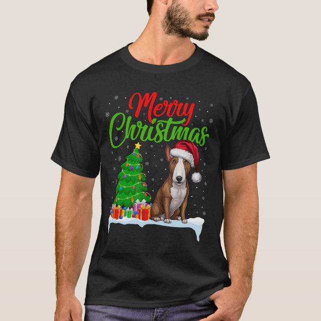 Camiseta El árbol de Navidad Bull Terrier Dog enciende dive (Anverso)