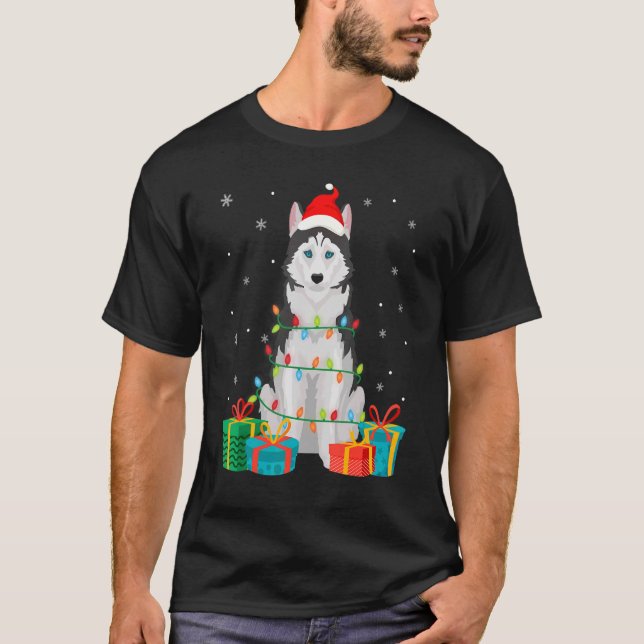 Camiseta El árbol de Navidad de Husky Perro siberiano ilumi (Anverso)