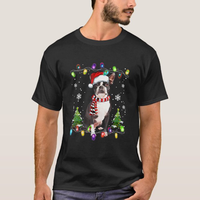 Camiseta El árbol navideño de Boston, perro y Santa Regalos (Anverso)