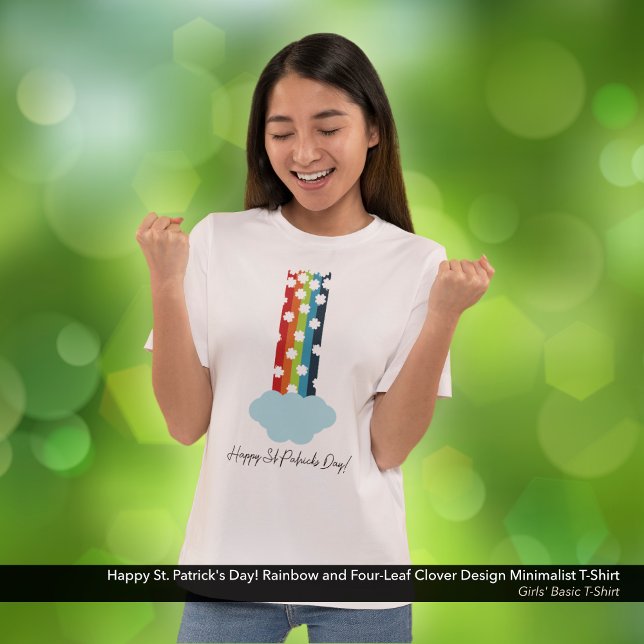 Camiseta El arcoiris de 4 hojas del Día de San Patricio Min (Happy St. Patrick's Day T-Shirt with a Rainbow and Four-Leaf Clover Minimalist Design)