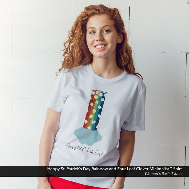 Camiseta El arcoiris de 4 hojas del Día de San Patricio Min (Happy St. Patrick's Day T-Shirt with a Minimalist Rainbow and Four-Leaf Clover Design.)