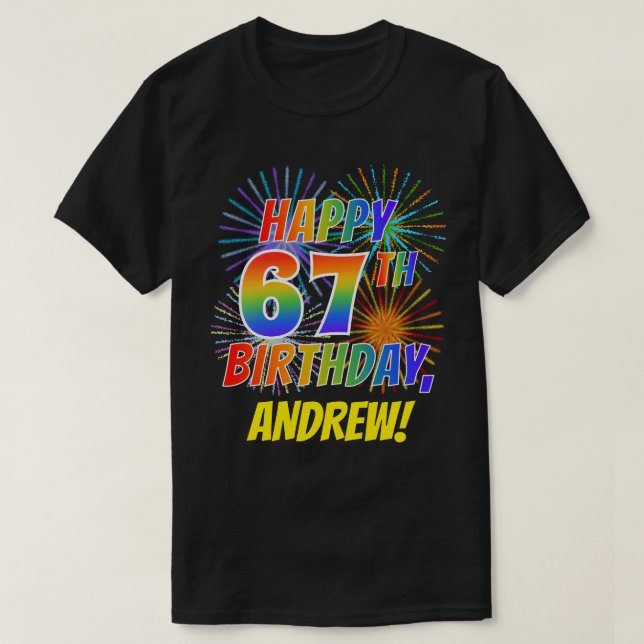 Camiseta El arcoiris parece FELIZ CUMPLEAÑOS 67; fuegos art (Diseño del anverso)