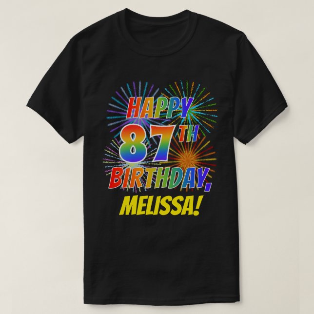 Camiseta El arcoiris parece FELIZ CUMPLEAÑOS 87; fuegos art (Diseño del anverso)