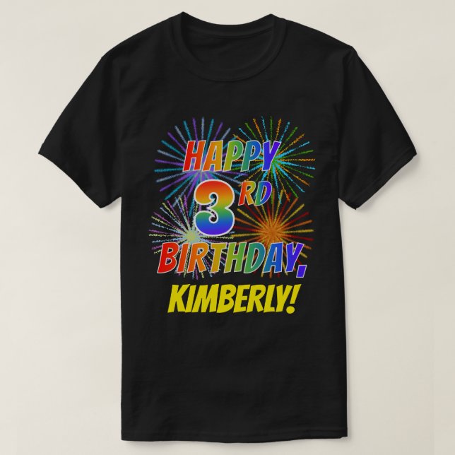 Camiseta El arcoiris parece feliz tercer cumpleaños; fuegos (Diseño del anverso)