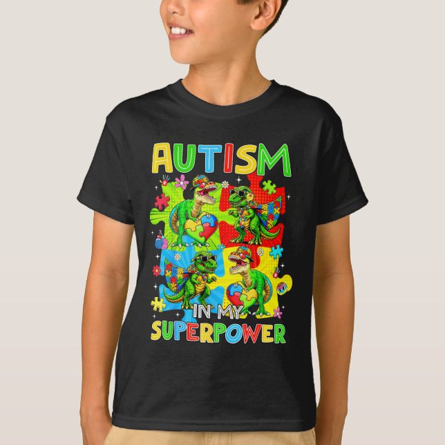Camiseta El autismo es superpoder dinosaurio t rex autismo (Anverso)