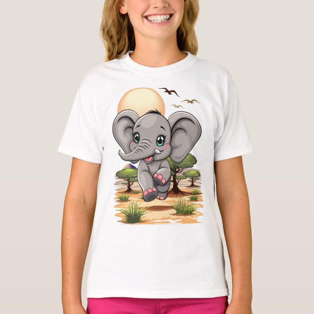 Camiseta El bebé elefante salta feliz en la sabana africana (Anverso)