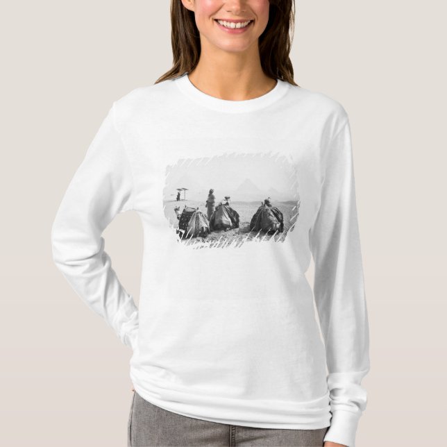 Camiseta El Cairo Egipto, jinetes de camellos giza pirámide (Anverso)