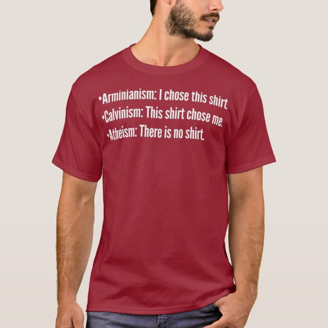Camiseta El calvinismo vs el arminio vs el ateísmo (Anverso)