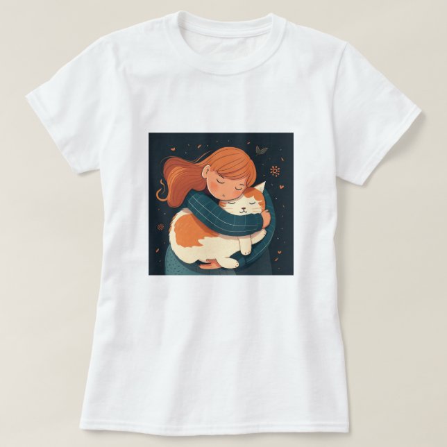 Camiseta El chica abraza a un personalizado de gatos lindos (Diseño del anverso)