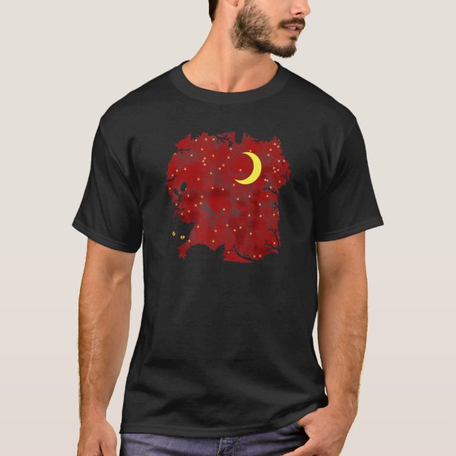Camiseta El cielo rojo Starry un gato y la luna - sueños du (Anverso)