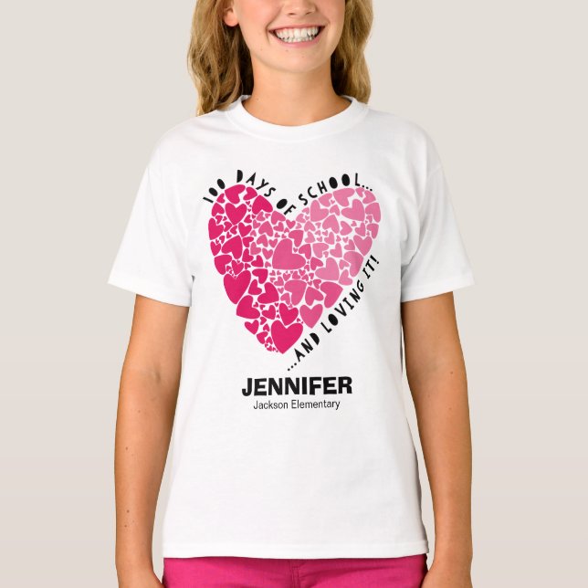 Camiseta El corazón adorable 100 días de escuela y amarlo (Anverso)