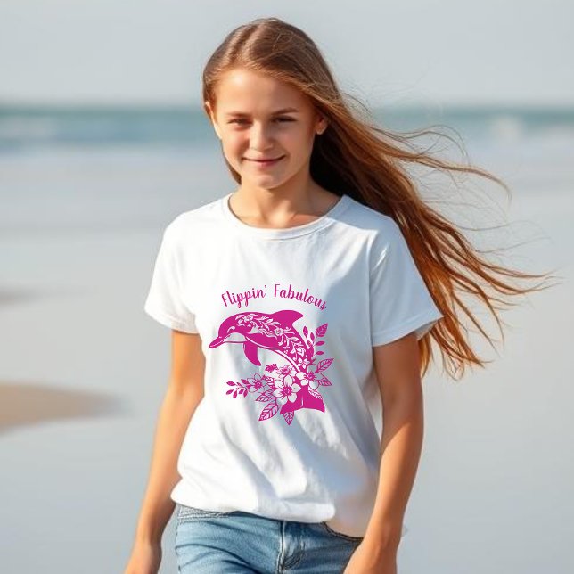 Camiseta El delfín hawaiano de rosa fabuloso (Dolphin Hawaiian Tropical Flowers, Flippin Fabulous, Summer Beach Fisherman Trend Fashion, kids)