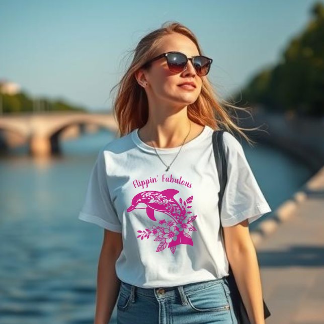 Camiseta El delfín hawaiano de rosa fabuloso (Hawaiian Dolphin Tropical Flowers, Fisherman Trending Fashion, Islander, Summer, Beach, Womens T )