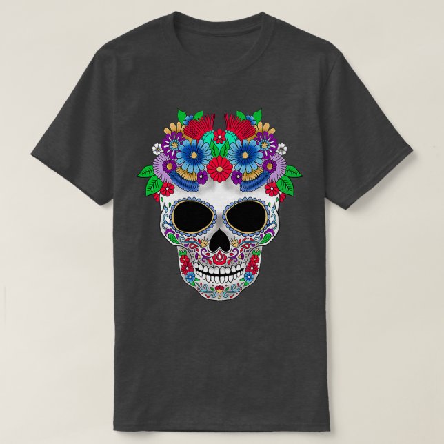 Camiseta El Día De Los Muertos Con Las Flores De Azúcar (Diseño del anverso)