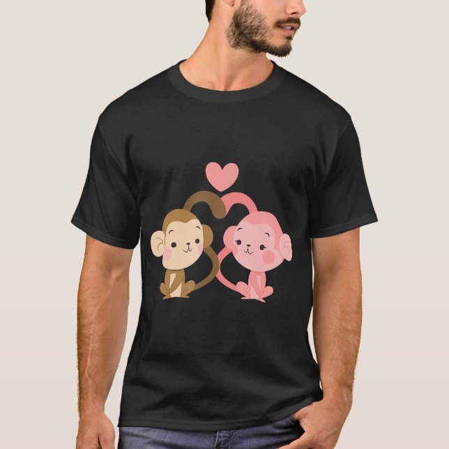 Camiseta El día de San Valentín De Pareja De Monos Cuidados (Anverso)