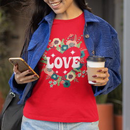 Camiseta El día de San Valentín Rojo de amor floral retro