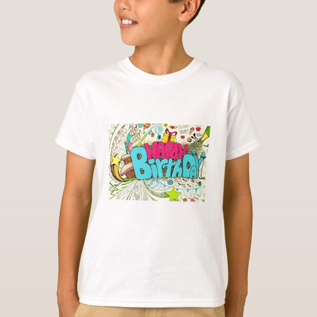 Camiseta El doodle feliz cumpleaños colorido con elemento F (Anverso)