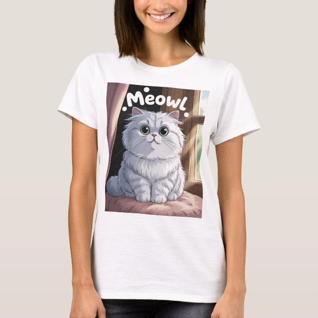 Camiseta El encantador Gato Persa Blanco Fluffy "Meow" Pega (Anverso)
