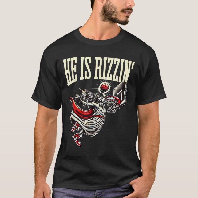 Camiseta Él Es Rizzin Gracioso Meme De Jesus Bysketll (Anverso)