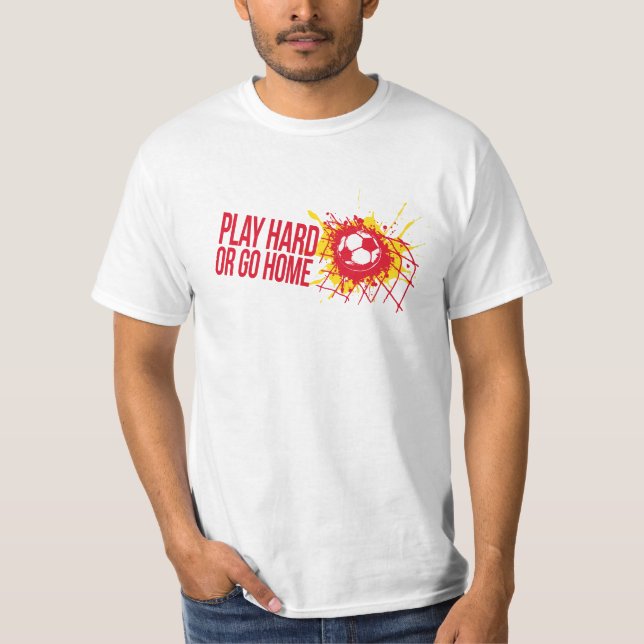 Camiseta El fútbol de fútbol juega fuerte lema rojo y camis (Anverso)