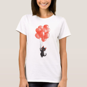 Camiseta El gatito negro lindo sostiene un montón de globos
