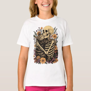 Camiseta El gato abrazando el esqueleto,Amante de los gatos