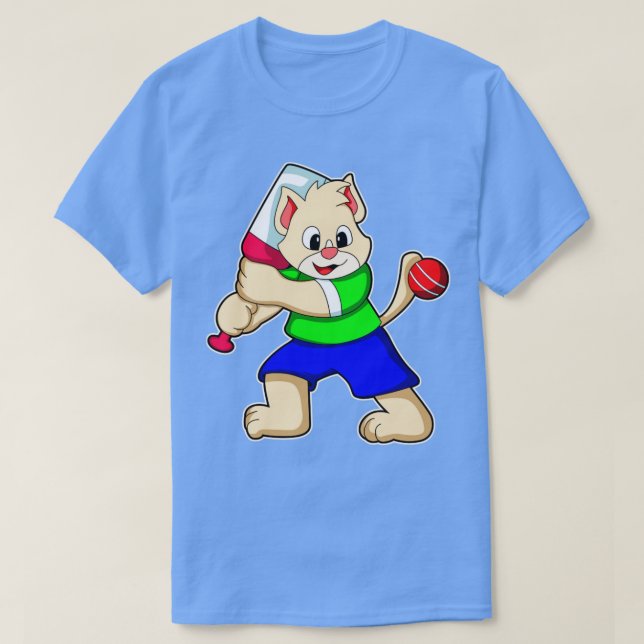 Camiseta El gato como bateador con murciélago de críquet (Diseño del anverso)