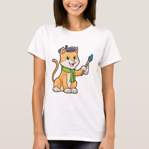 Camiseta El gato como pintador con pincel y bufanda