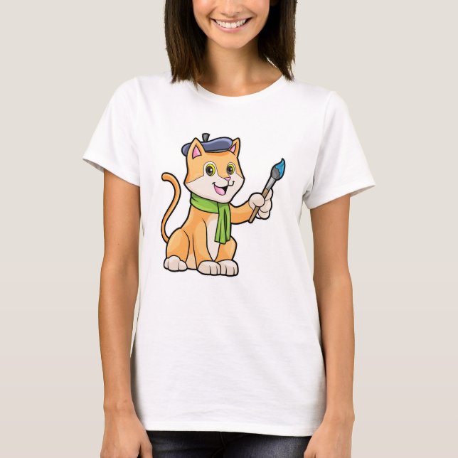Camiseta El gato como pintador con pincel y bufanda (Anverso)